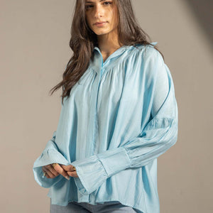Blue Pleated Relaxed Fit Shirt