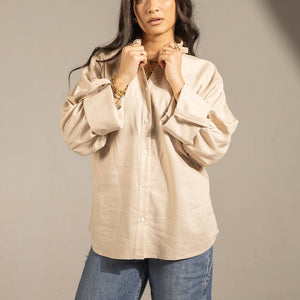 Beige Flared Sleeve Oversized Linen Shirt