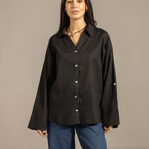 Black Flared Sleeve Oversized Linen Shirt
