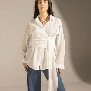 White Side Tie Wrap Button-Up Shirt