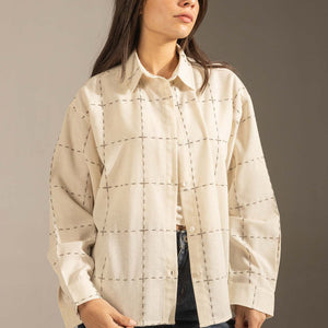 Off White Textured Grid Button-Up Shirt