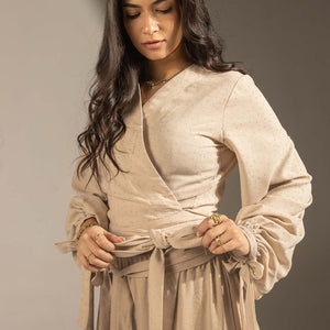 Beige Sparkly Wrap Waist Blouse