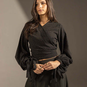Black Sparkly Wrap Waist Blouse