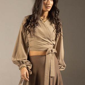 Coffe Sparkly Wrap Waist Blouse