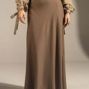 Brown Tailored High-Waist Satin Maxi Skirt