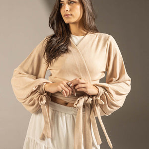 Beige Elegant Wrap Blouse with Tie Sleeves