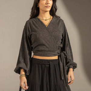 Black Elegant Wrap Blouse with Tie Sleeves