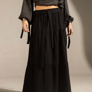 Black Elastic Waist Tiered Maxi Skirt