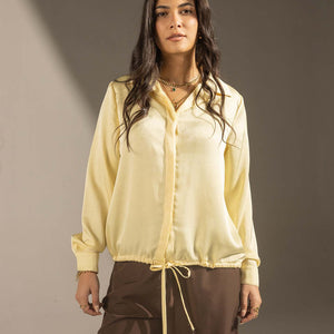 Yellow Textured Satin Drawstring Shirt