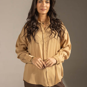 Camel Soft Satin Relaxed Button-Up Shirt