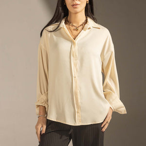 Off White Soft Satin Relaxed Button-Up Shirt