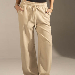 Beige Pinstriped Wide-Leg Elastic Waist Pants