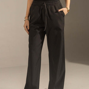 Black Pinstriped Wide-Leg Elastic Waist Pants