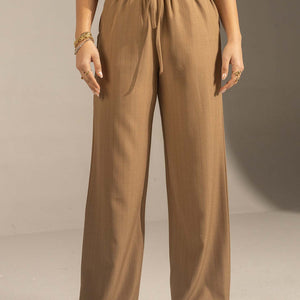 Camel Pinstriped Wide-Leg Elastic Waist Pants