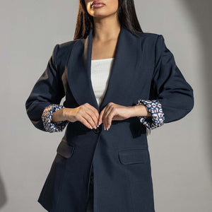 Navy Printed Cuff Detail Blazer