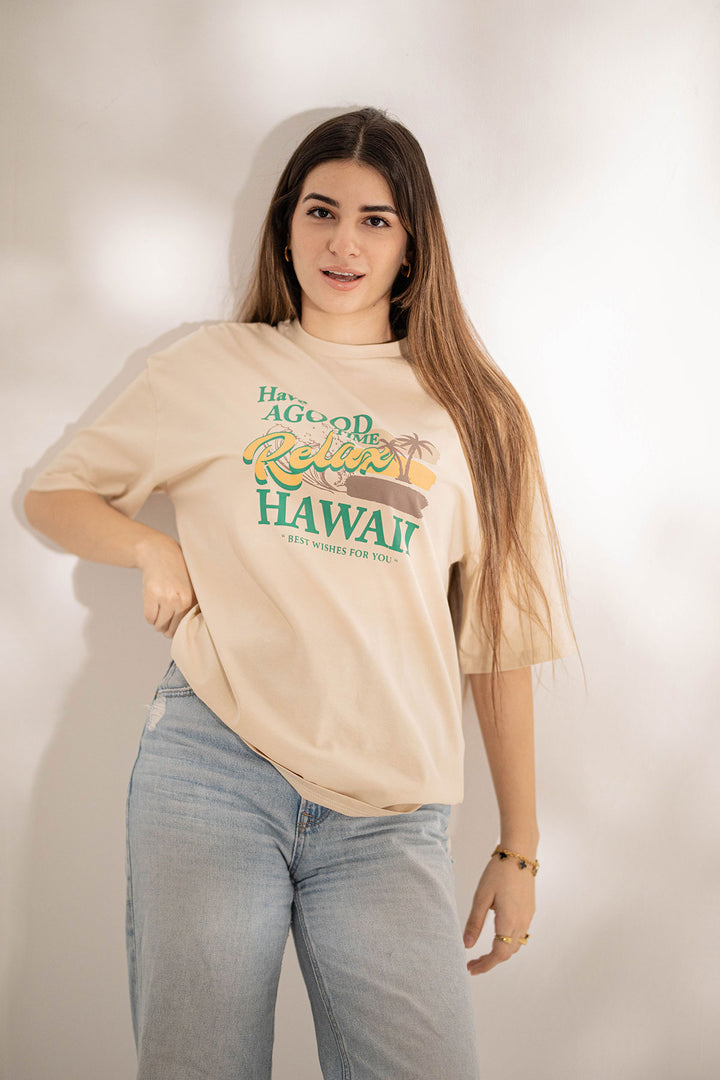 Beige Printed Oversize T-shirt