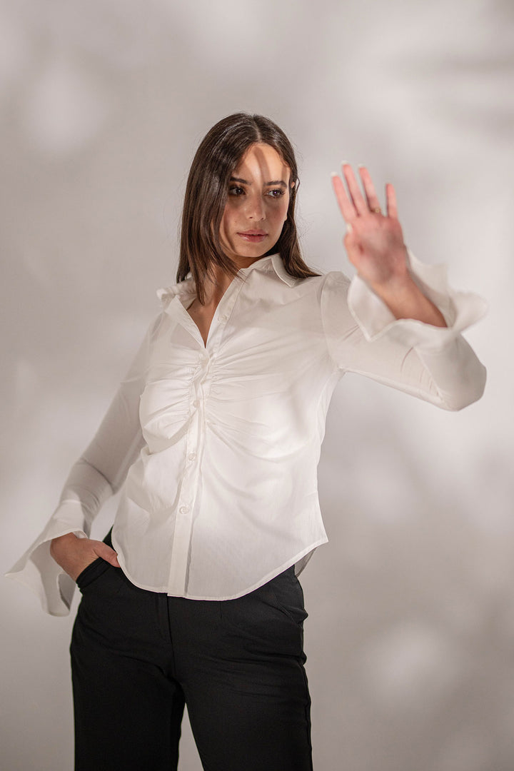 White Popline Formal Raffle Sleeves Shirt