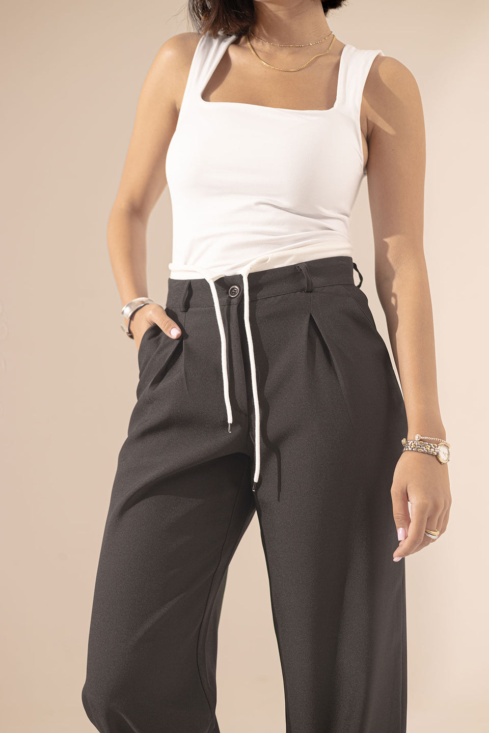 Black Wide Leg Tied Pants