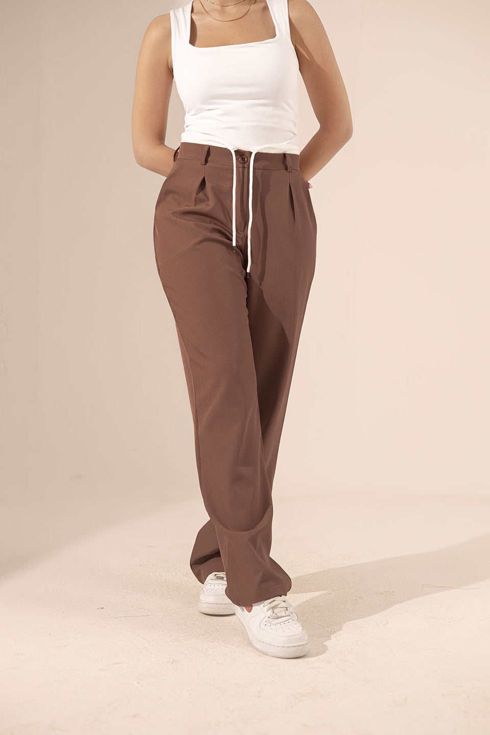 Brown Wide Leg Tied Pants