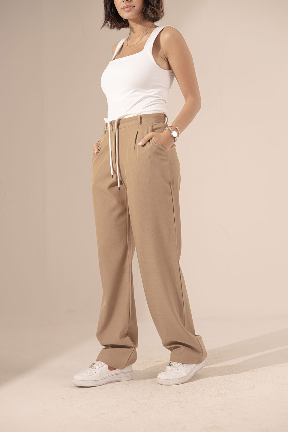 Coffe Wide Leg Tied Pants