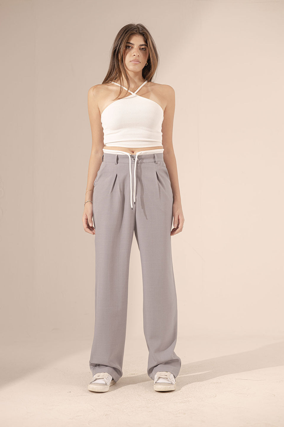 Grey Wide Leg Tied Pants
