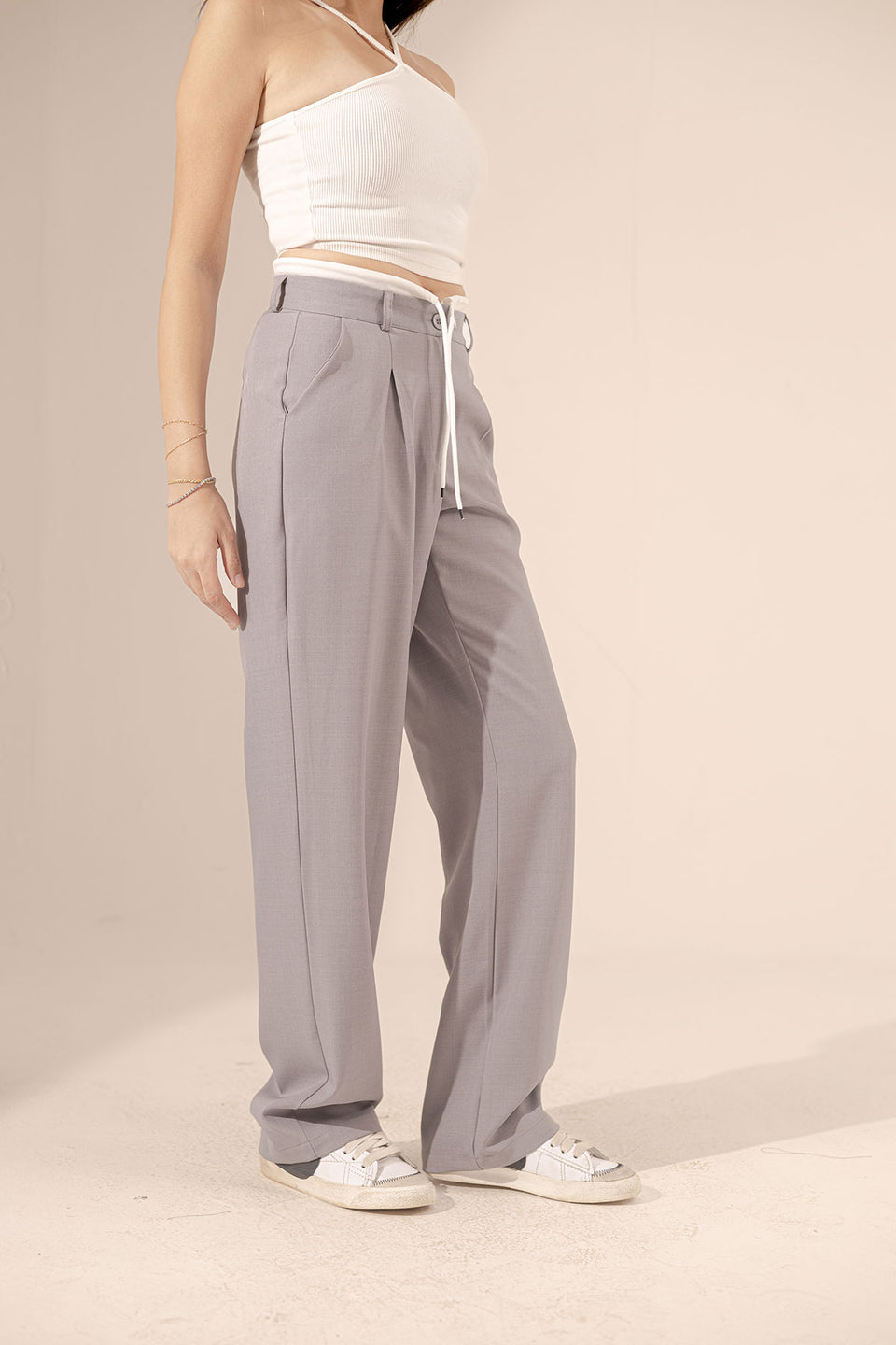 Grey Wide Leg Tied Pants