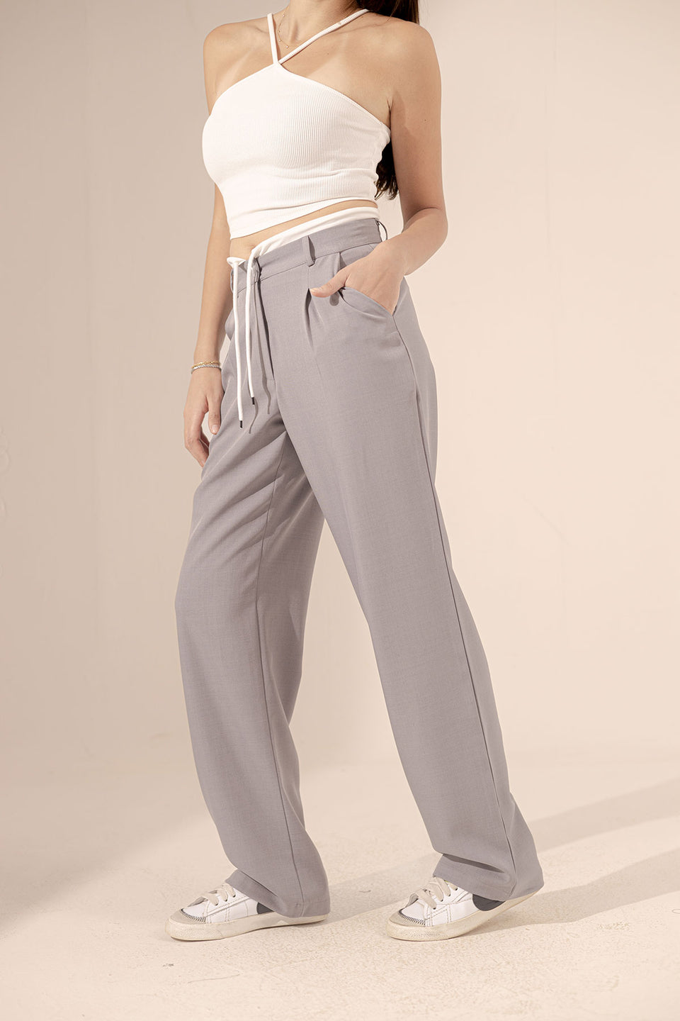 Grey Wide Leg Tied Pants