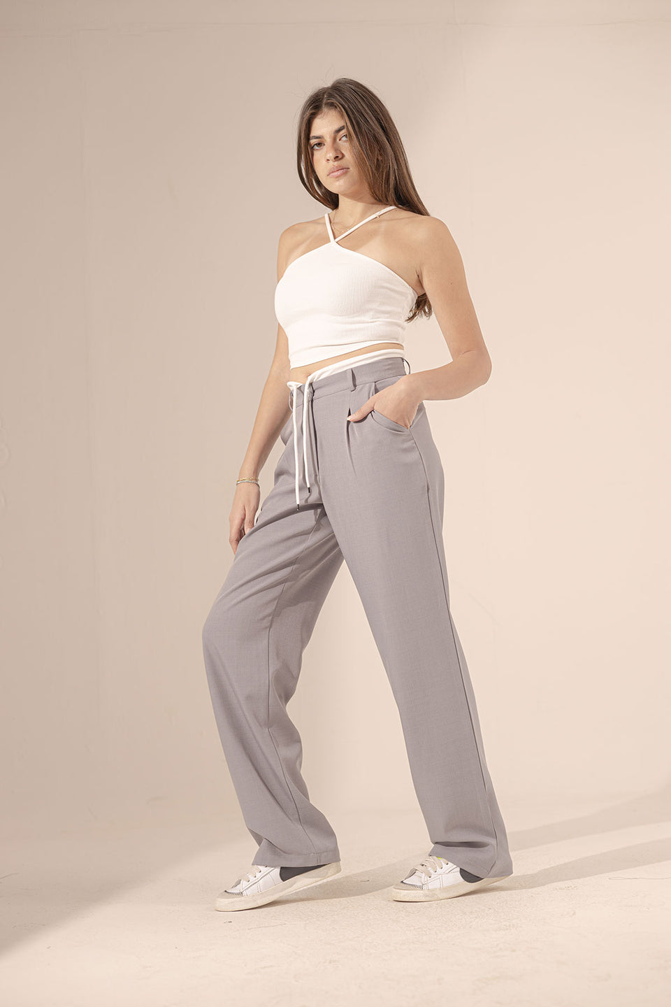 Grey Wide Leg Tied Pants
