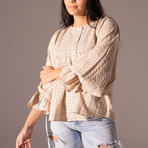 Beige Checkers Puffy Sleeves Blouse