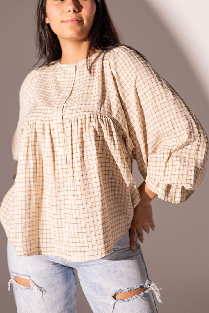 Beige Checkers Puffy Sleeves Blouse