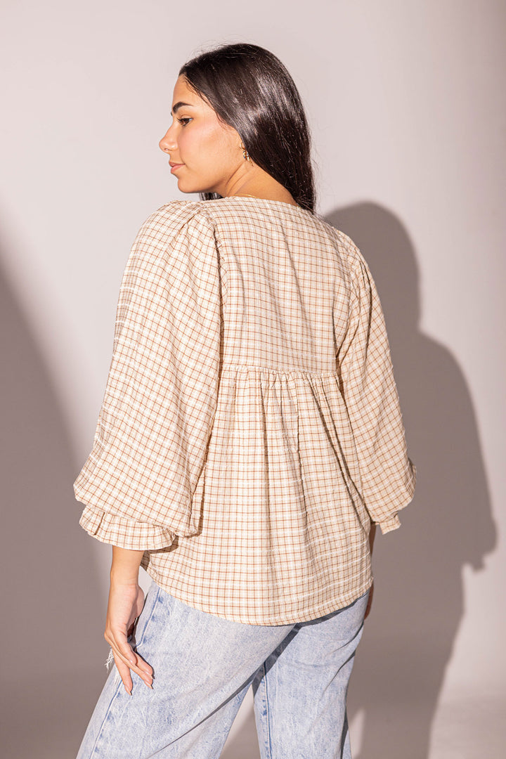 Beige Checkers Puffy Sleeves Blouse