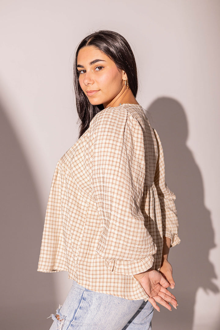 Beige Checkers Puffy Sleeves Blouse