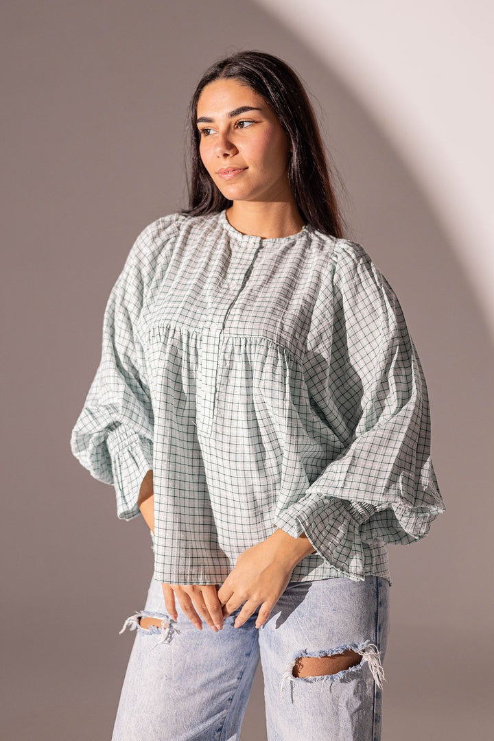 Blue Checkers Puffy Sleeves Blouse