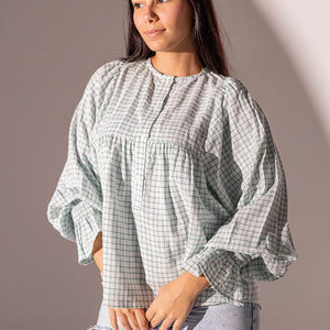 Blue Checkers Puffy Sleeves Blouse