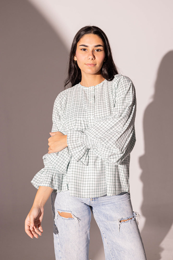 Blue Checkers Puffy Sleeves Blouse