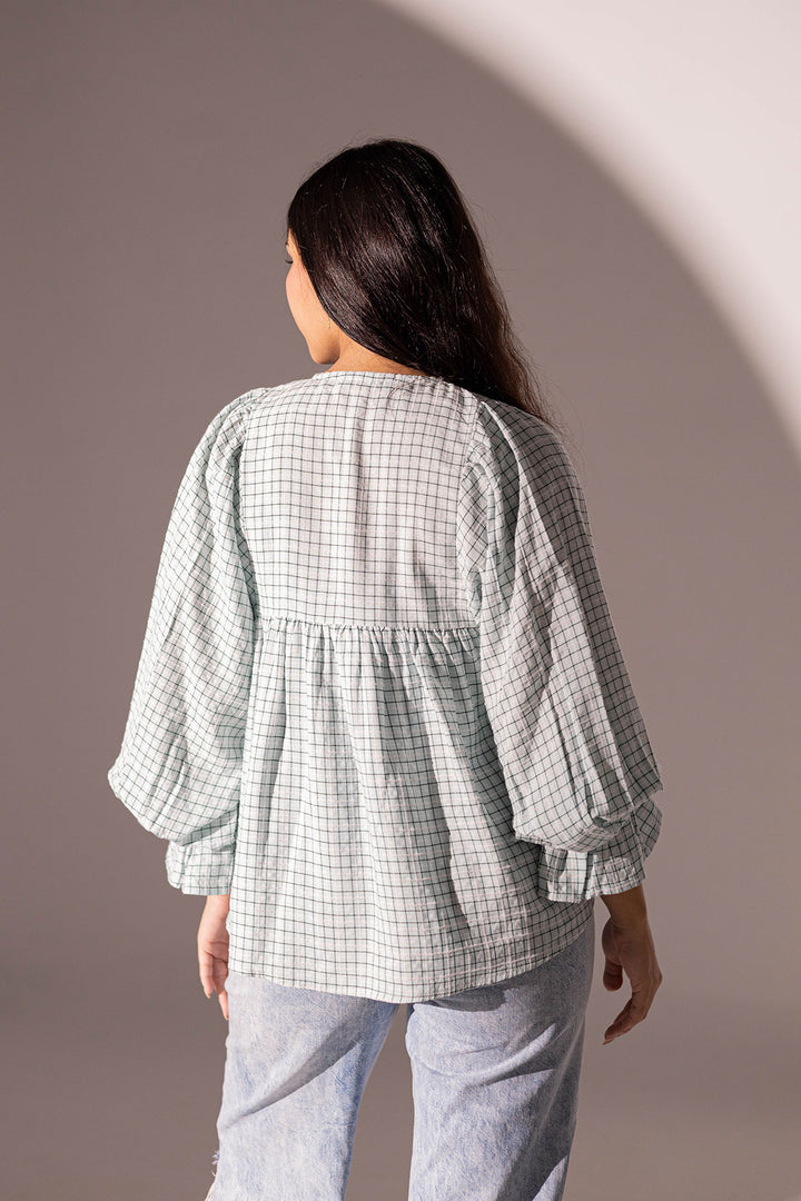 Blue Checkers Puffy Sleeves Blouse