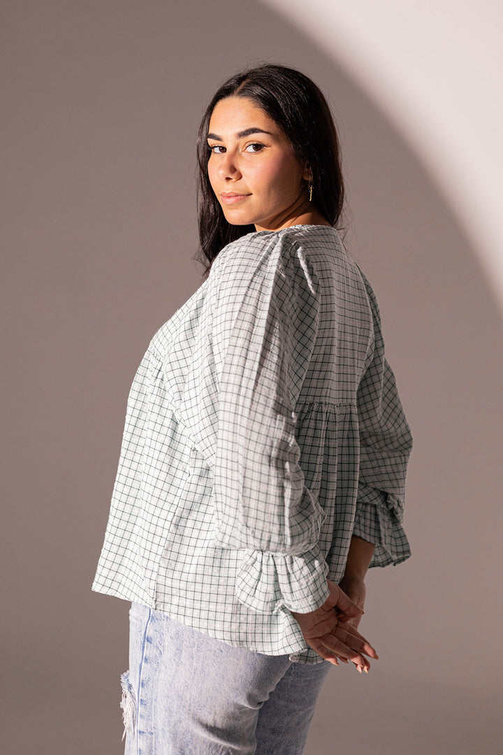 Blue Checkers Puffy Sleeves Blouse