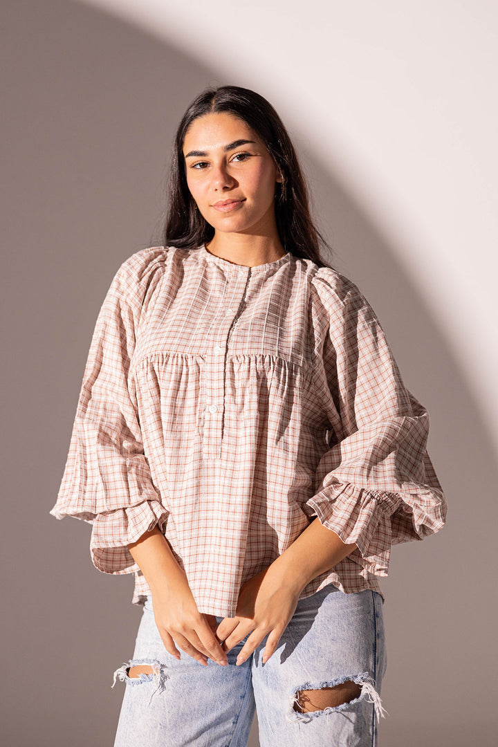 Burgundy Checkers Puffy Sleeves Blouse