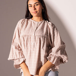 Burgundy Checkers Puffy Sleeves Blouse