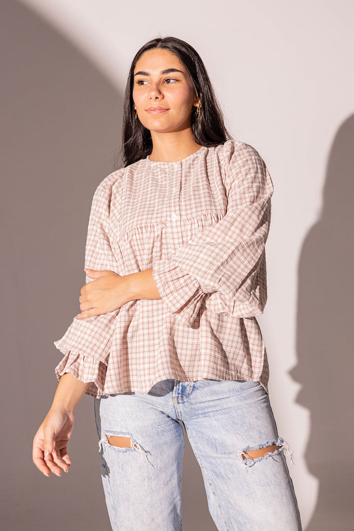 Burgundy Checkers Puffy Sleeves Blouse