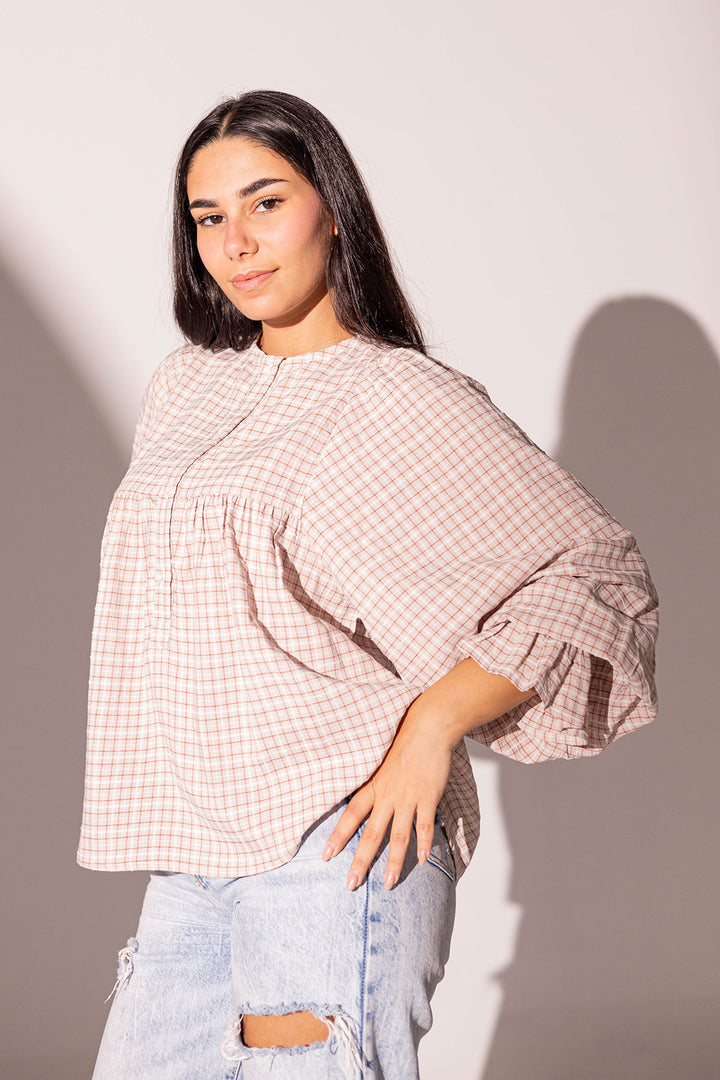 Burgundy Checkers Puffy Sleeves Blouse