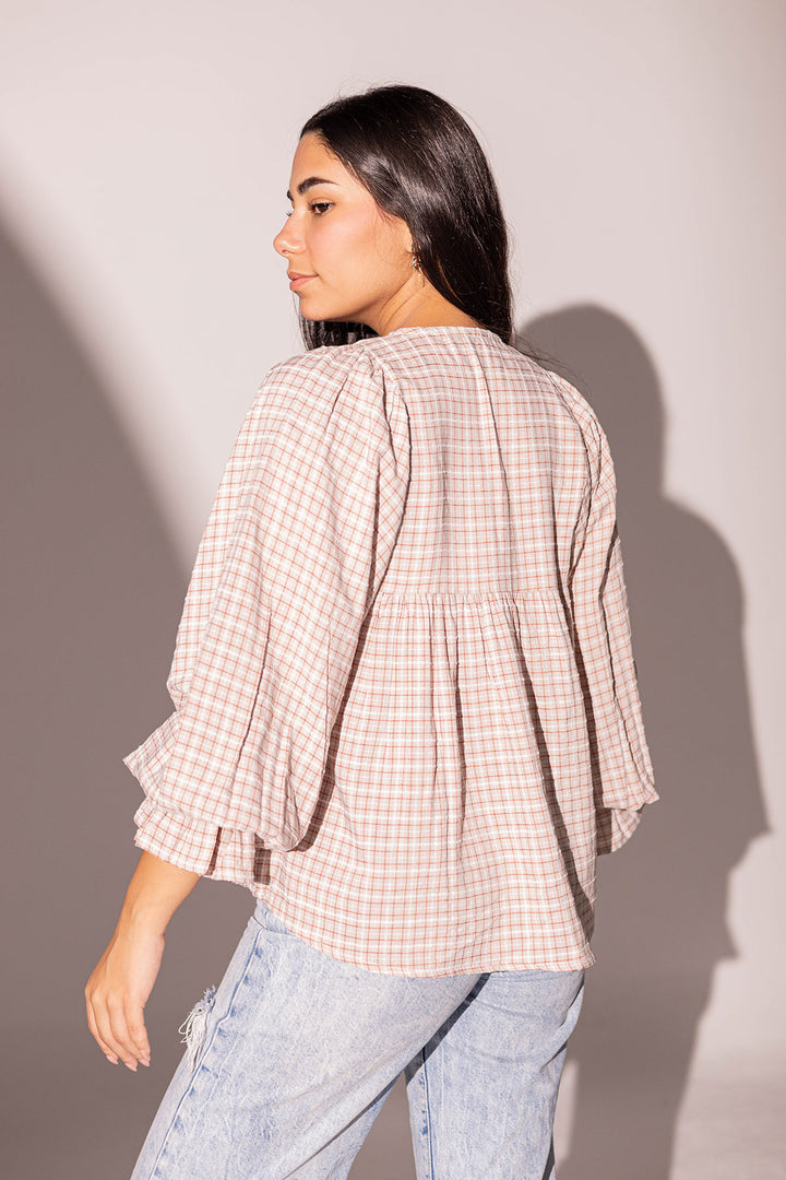 Burgundy Checkers Puffy Sleeves Blouse