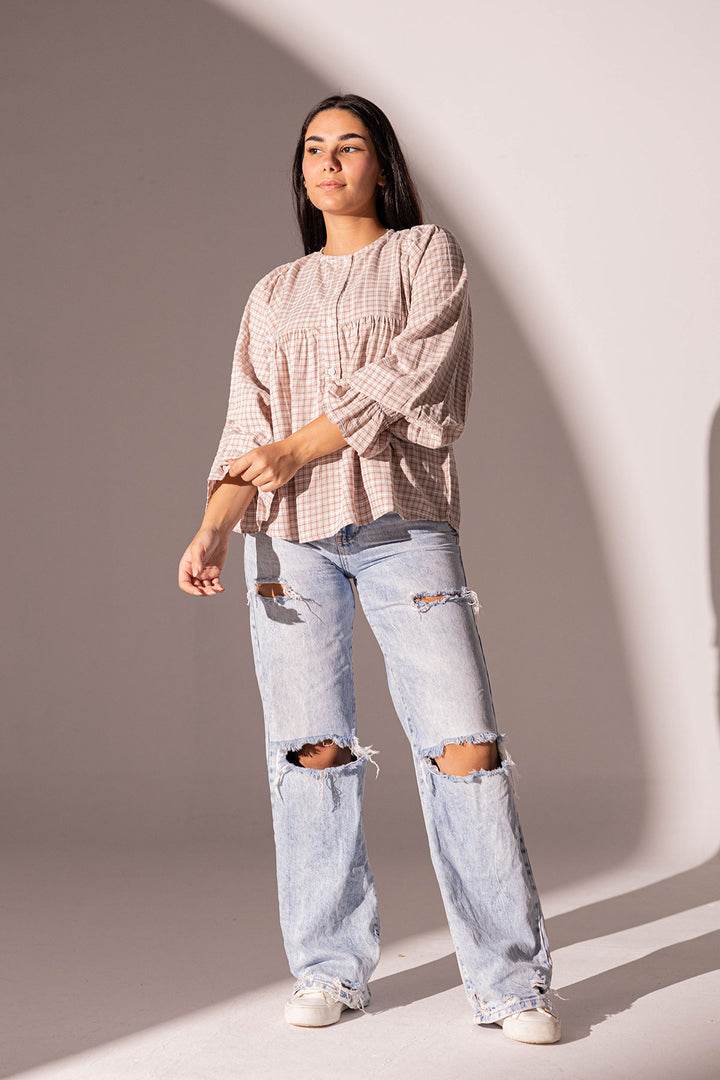 Burgundy Checkers Puffy Sleeves Blouse