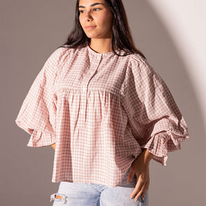 Pink Checkers Puffy Sleeves Blouse
