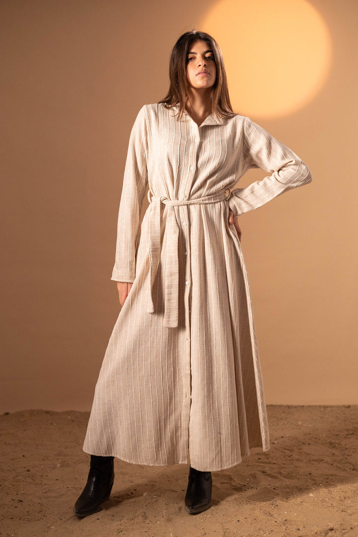 Beige Striped Winter Dress