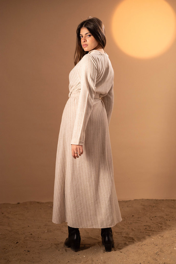 Beige Striped Winter Dress
