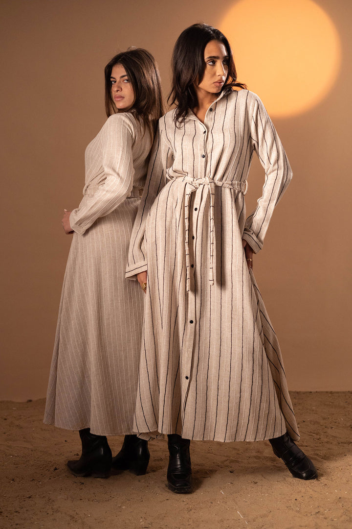 Beige Striped Winter Dress
