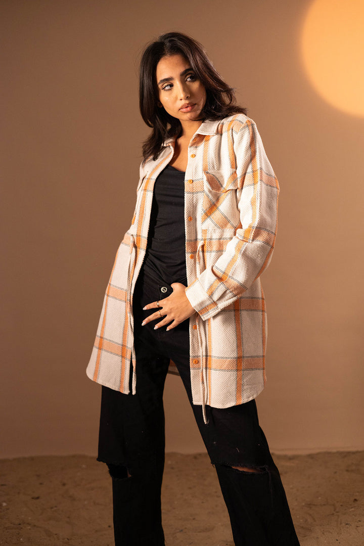Beige Checkers Long Tied Shirt