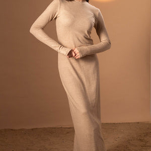 Beige Finger-Sleeves Wool Basic Dress