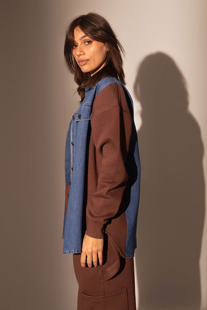 Denim Shirt with Brown Melton Sleeves